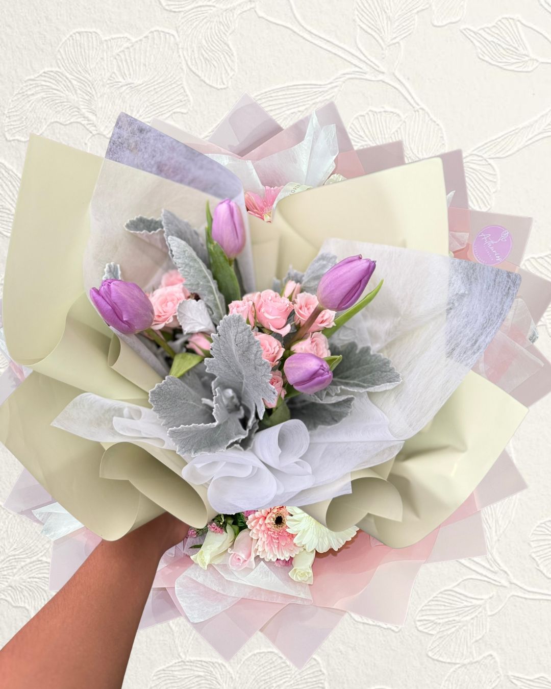 4 tulips and baby roses